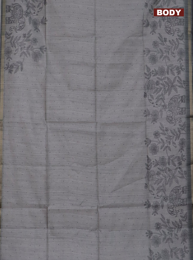 Semi tussar saree grey with allover butta prints and long printed border
