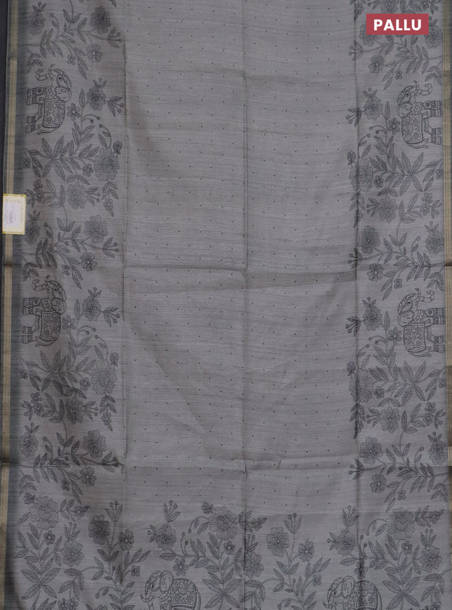 Semi tussar saree grey with allover butta prints and long printed border