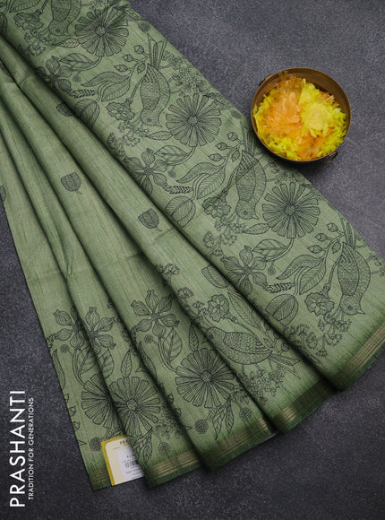 Semi tussar saree green with allover butta prints and long printed border