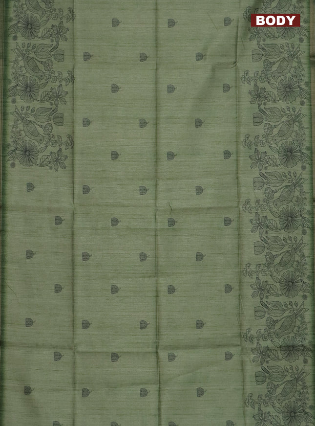 Semi tussar saree green with allover butta prints and long printed border
