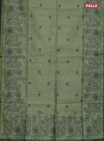 Semi tussar saree green with allover butta prints and long printed border