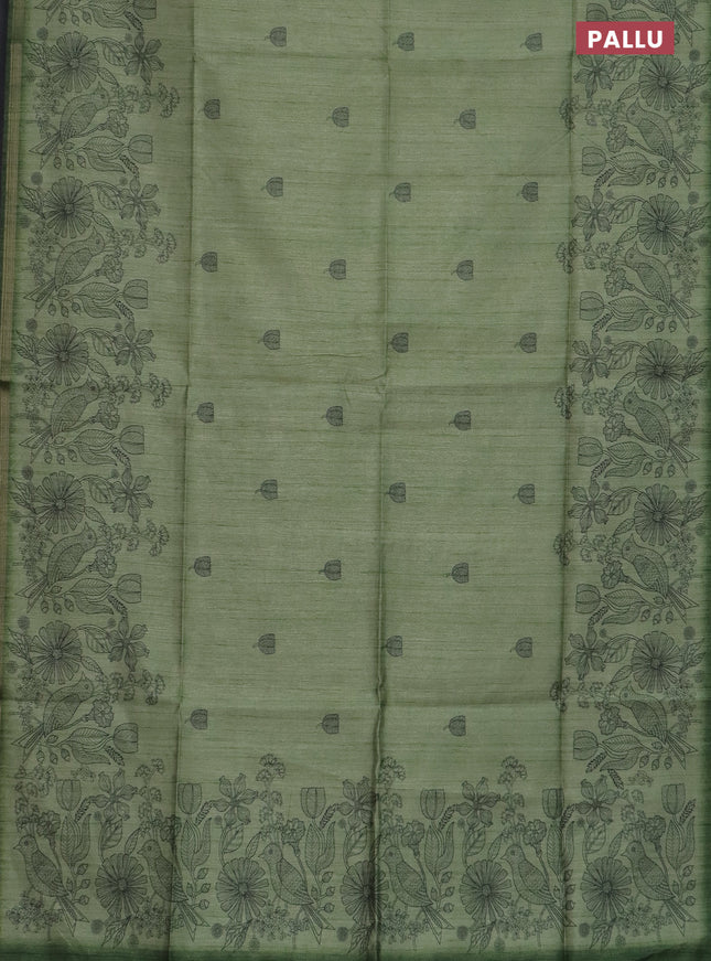 Semi tussar saree green with allover butta prints and long printed border