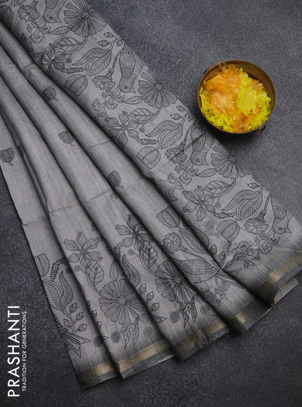 Semi tussar saree grey with allover butta prints and long printed border