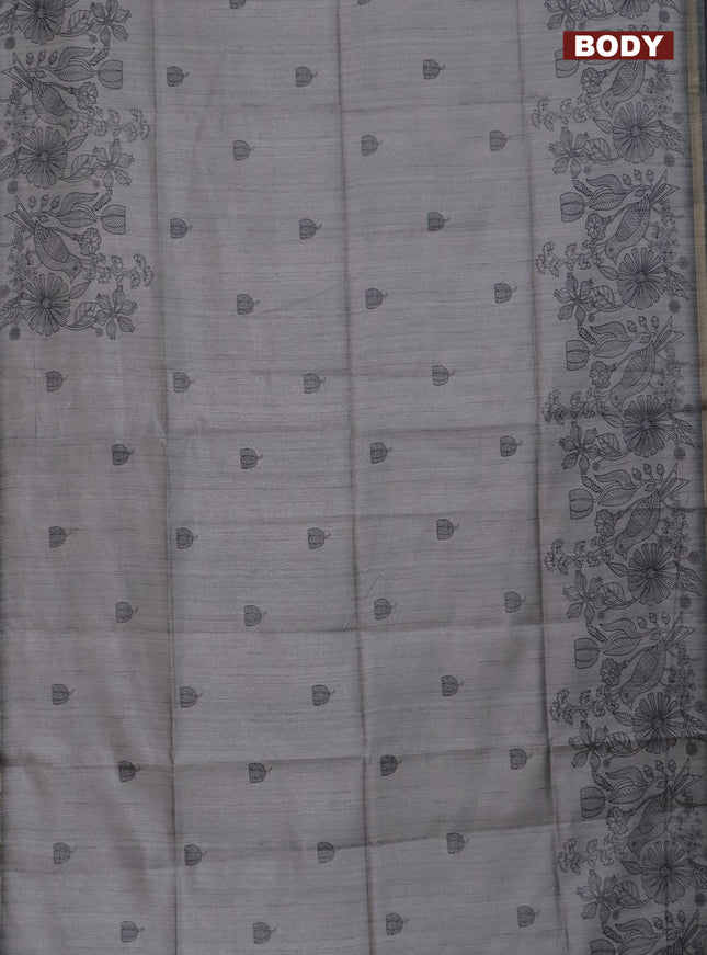 Semi tussar saree grey with allover butta prints and long printed border