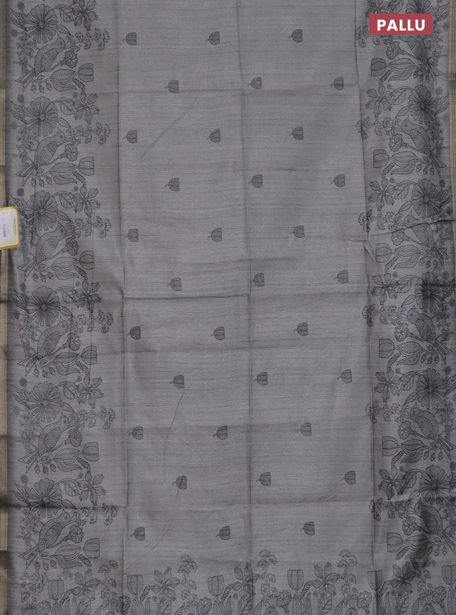 Semi tussar saree grey with allover butta prints and long printed border