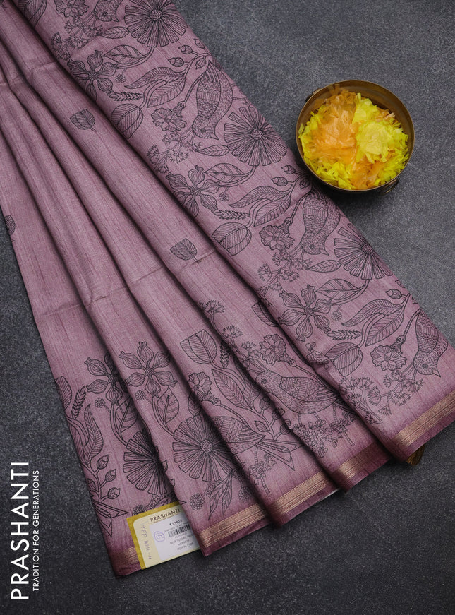 Semi tussar saree pastel pink with allover butta prints and long printed border