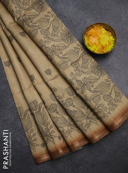 Semi tussar saree sandal with allover butta prints and long printed border