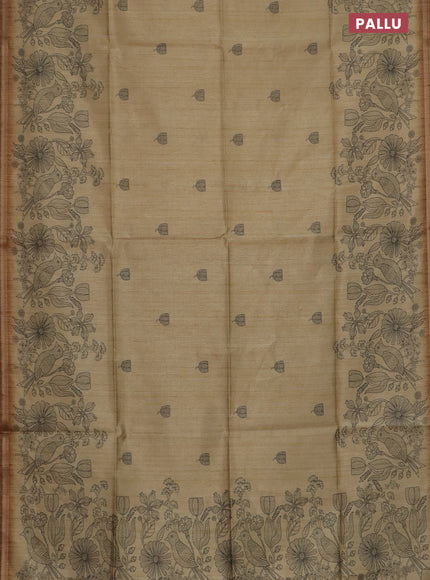 Semi tussar saree sandal with allover butta prints and long printed border