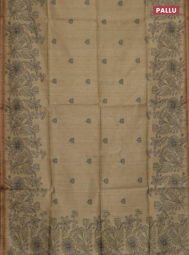 Semi tussar saree sandal with allover butta prints and long printed border