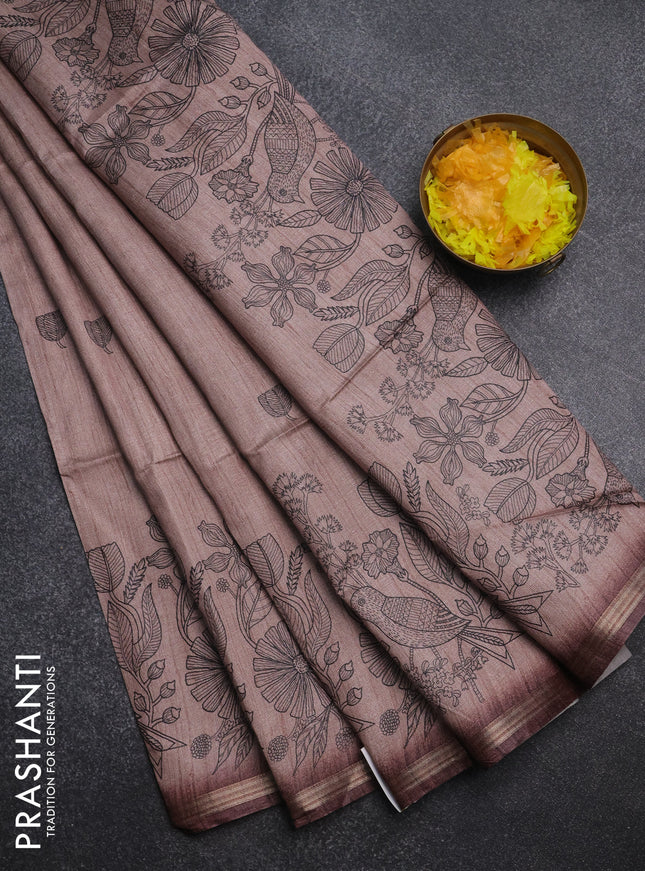 Semi tussar saree pastel brown with allover butta prints and long printed border