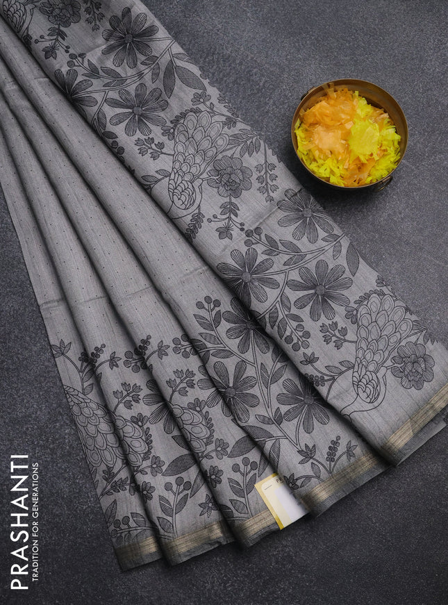 Semi tussar saree grey with allover butta prints and long printed border