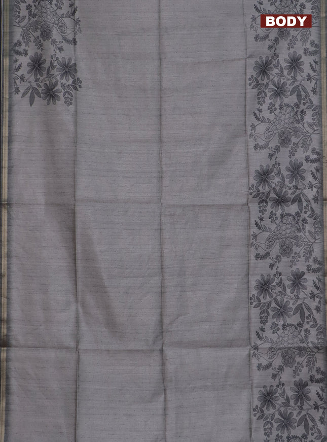 Semi tussar saree grey with allover butta prints and long printed border
