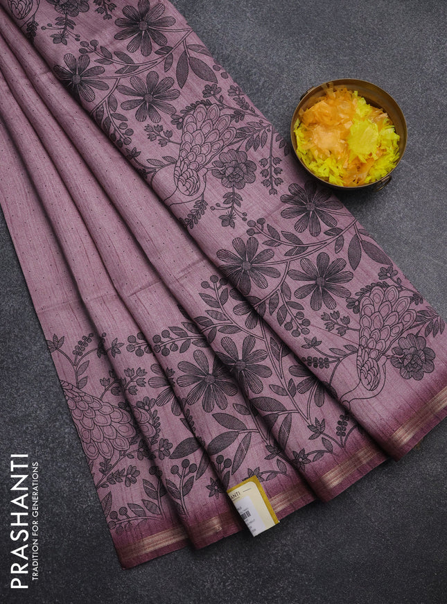 Semi tussar saree pastel pink with allover butta prints and long printed border