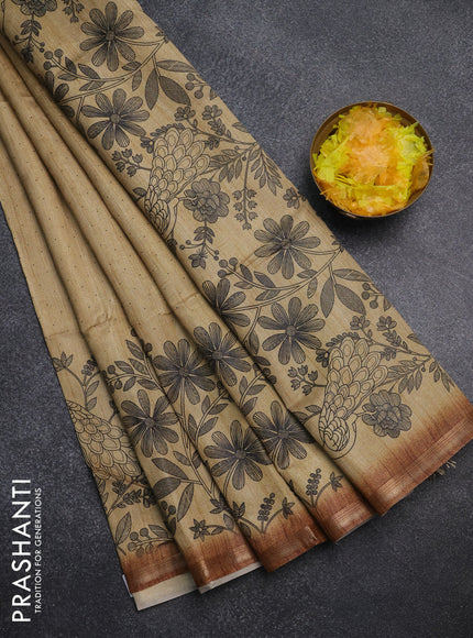 Semi tussar saree sandal with allover butta prints and long printed border