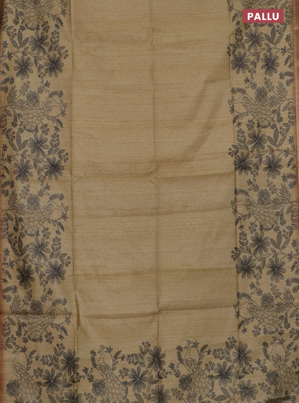 Semi tussar saree sandal with allover butta prints and long printed border