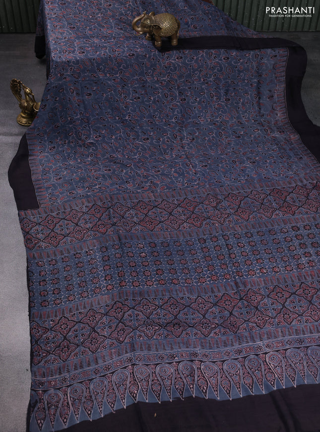 Printed silk saree greyish blue and wine shade with allover ajrakh prints and simple border