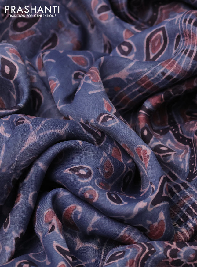 Printed silk saree greyish blue and wine shade with allover ajrakh prints and simple border