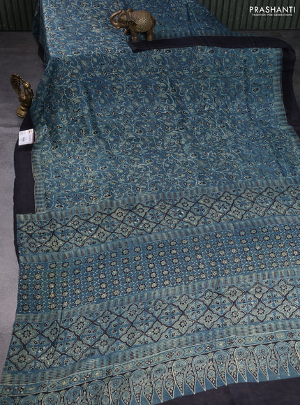 Printed silk saree bluish grey and black with allover ajrakh prints and simple border