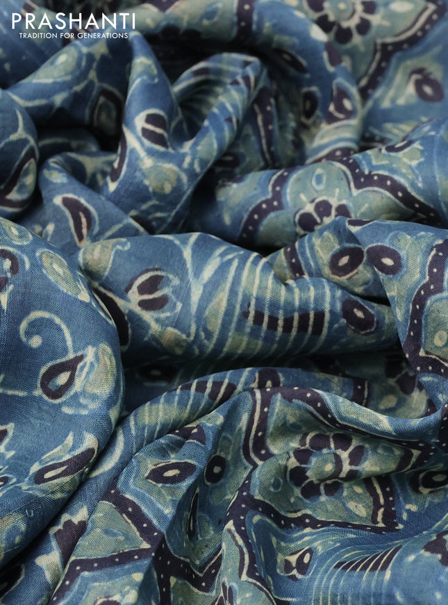 Printed silk saree bluish grey and black with allover ajrakh prints and simple border