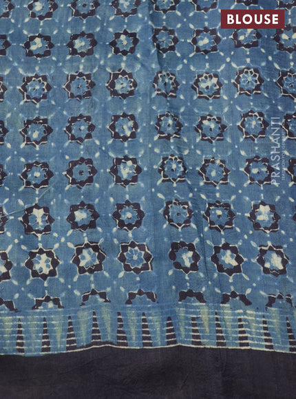 Printed silk saree bluish grey and black with allover ajrakh prints and simple border