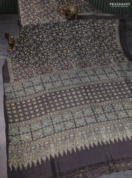 Printed silk saree grey shade with allover ajrakh prints and simple border