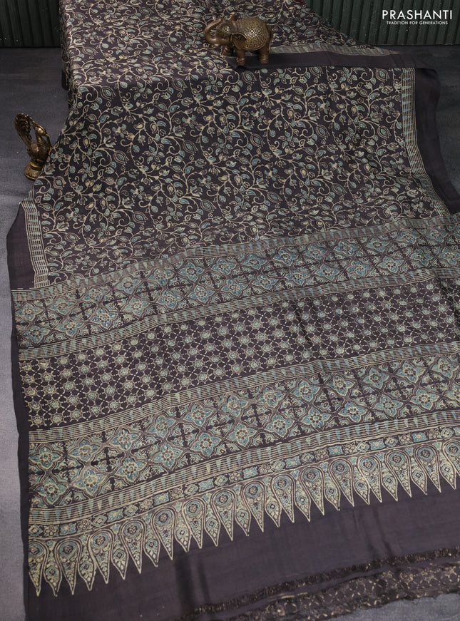 Printed silk saree grey shade with allover ajrakh prints and simple border