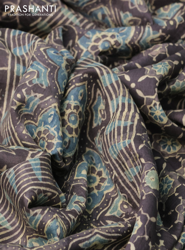 Printed silk saree grey shade with allover ajrakh prints and simple border