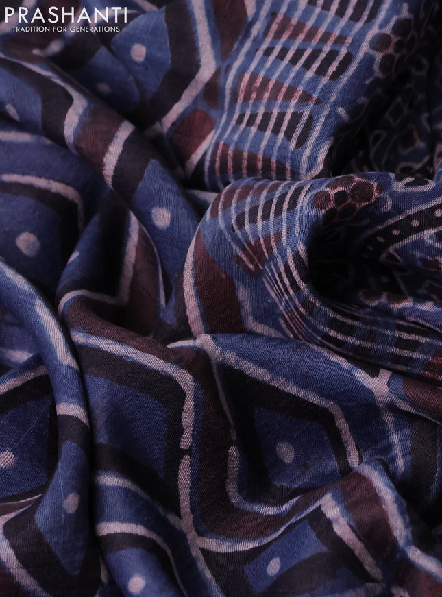 Printed silk saree blue and black with allover ajrakh prints and simple border