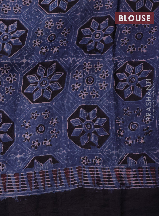 Printed silk saree blue and black with allover ajrakh prints and simple border