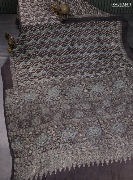 Printed silk saree grey shade with allover ajrakh prints and simple border