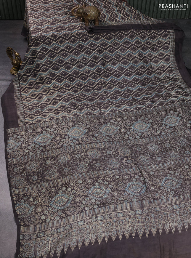 Printed silk saree grey shade with allover ajrakh prints and simple border