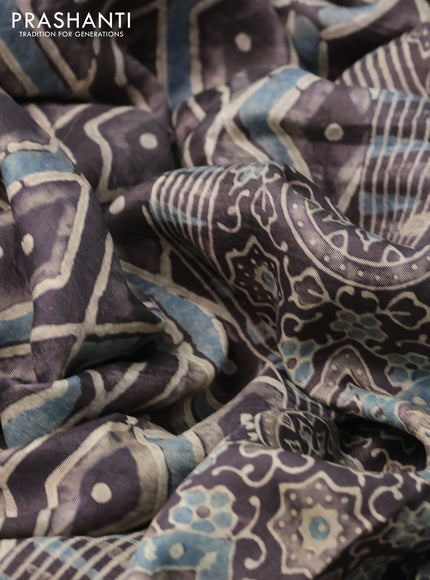 Printed silk saree grey shade with allover ajrakh prints and simple border