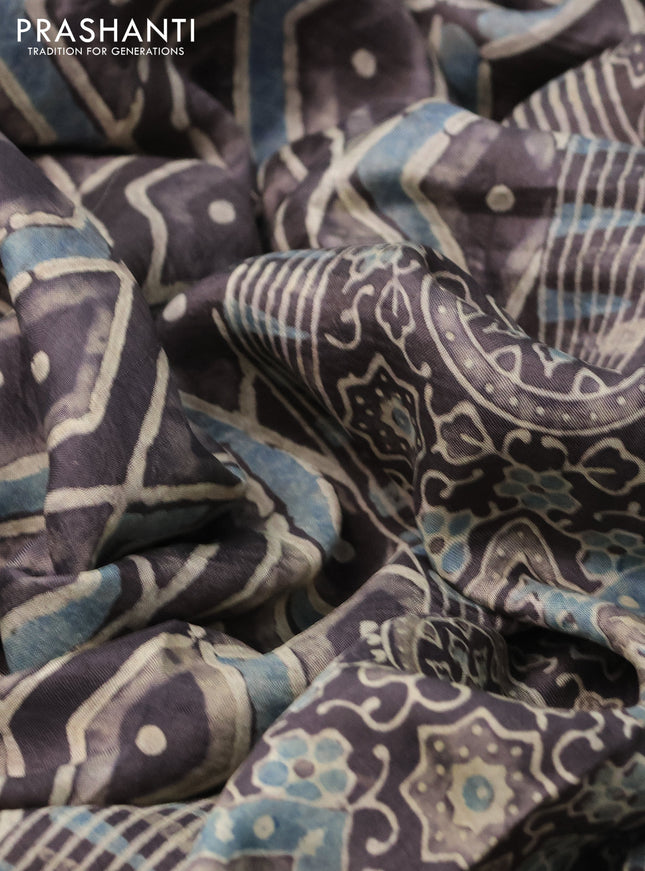 Printed silk saree grey shade with allover ajrakh prints and simple border