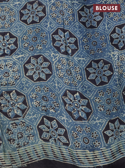 Printed silk saree blue and black with allover ajrakh prints and simple border