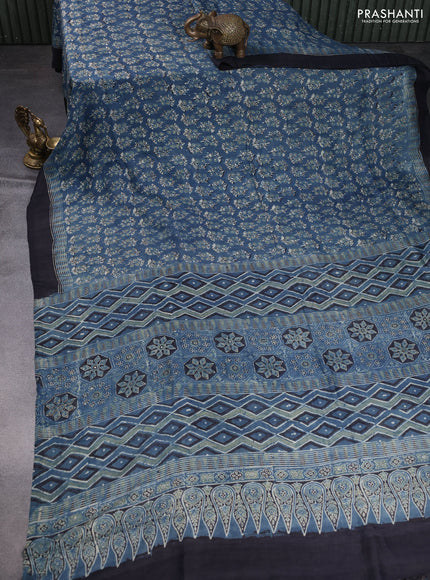 Printed silk saree blue and black with allover ajrakh prints and simple border