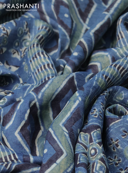 Printed silk saree blue and black with allover ajrakh prints and simple border