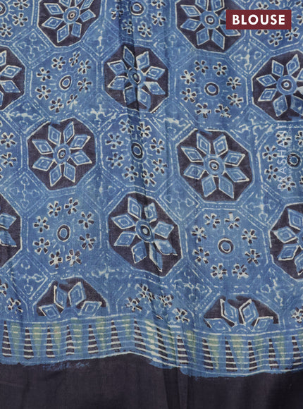 Printed silk saree blue and black with allover ajrakh prints and simple border