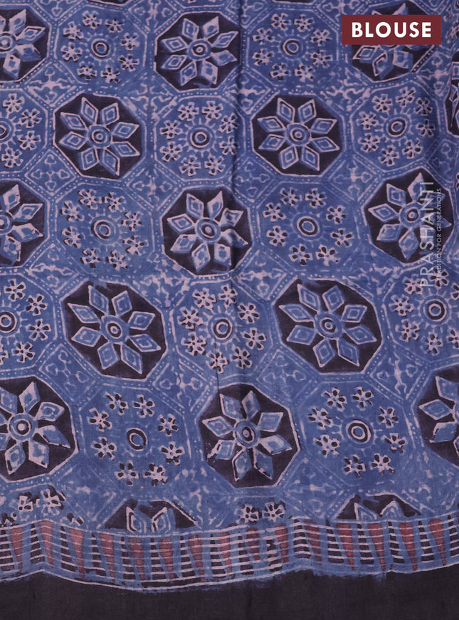 Printed silk saree blue and black with allover ajrakh prints and simple border