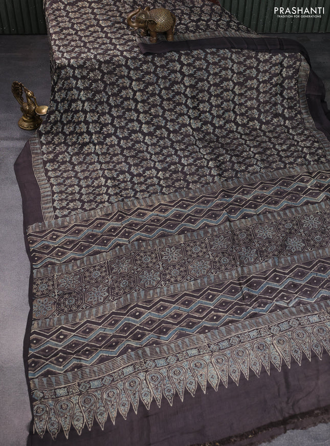 Printed silk saree grey shade with allover ajrakh prints and simple border