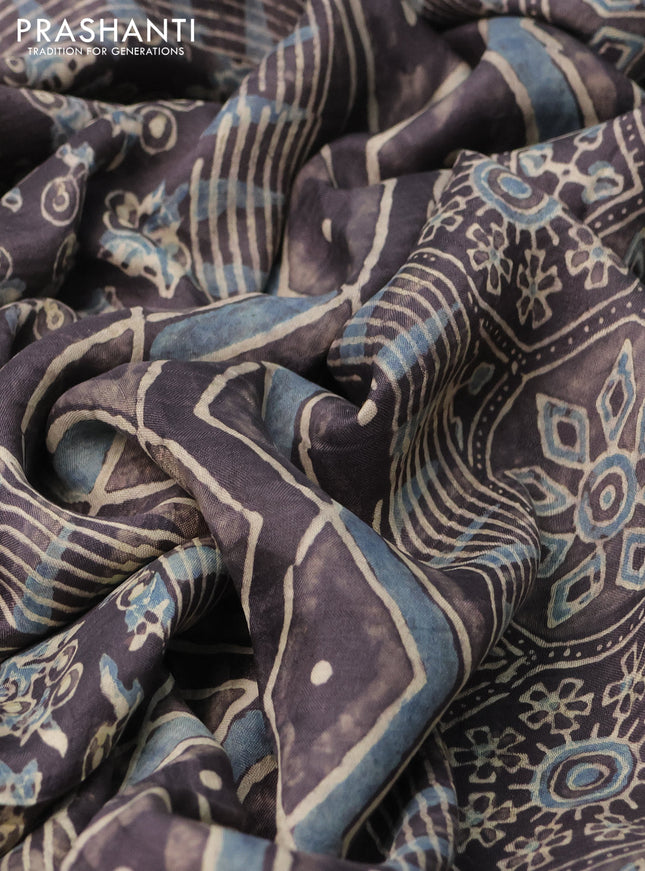 Printed silk saree grey shade with allover ajrakh prints and simple border