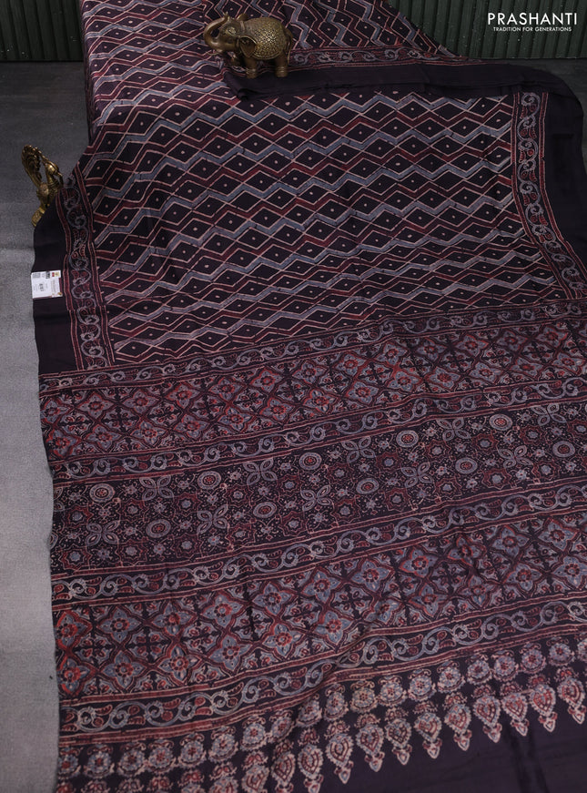 Printed silk saree wine shade with allover ajrakh prints and simple border