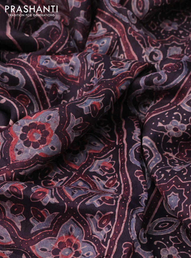 Printed silk saree wine shade with allover ajrakh prints and simple border