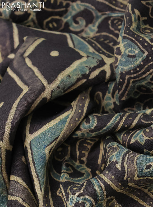 Printed silk saree grey shade and blue with allover ajrakh prints and simple border
