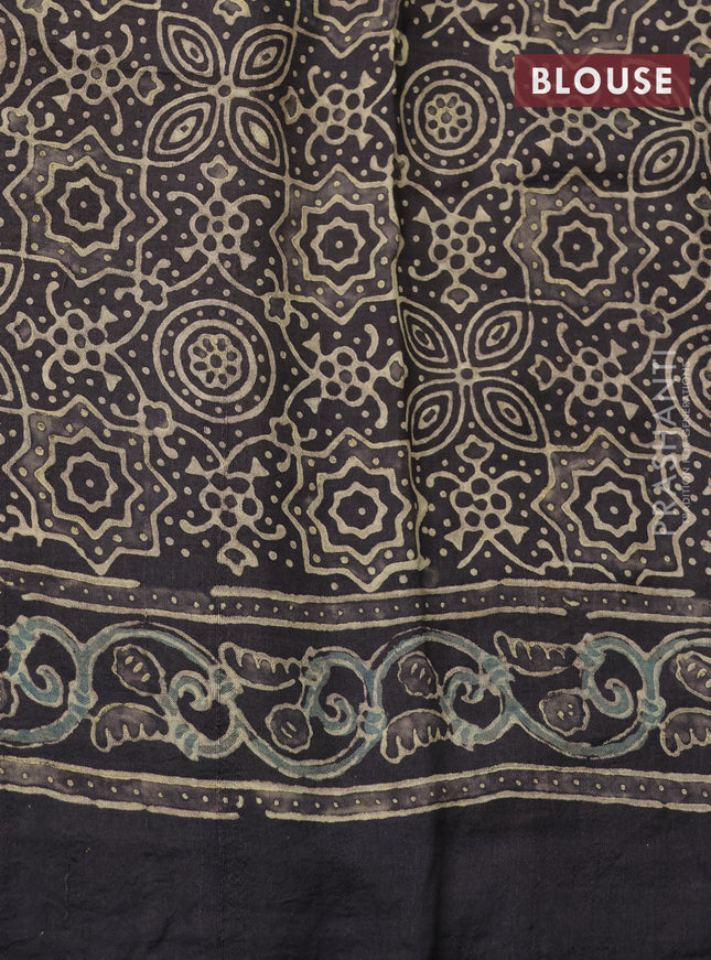 Printed silk saree grey shade and blue with allover ajrakh prints and simple border