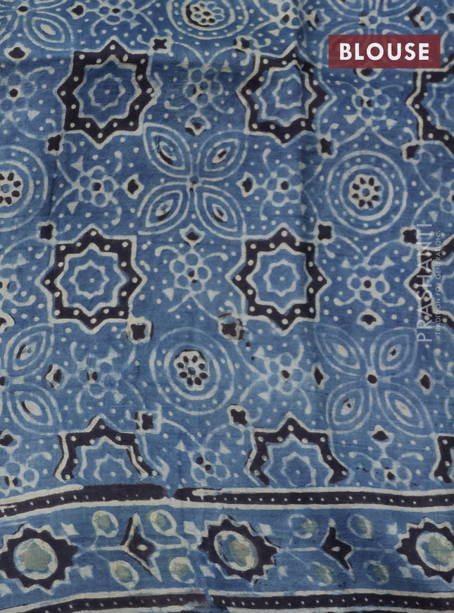 Printed silk saree blue and black with allover ajrakh prints and simple border