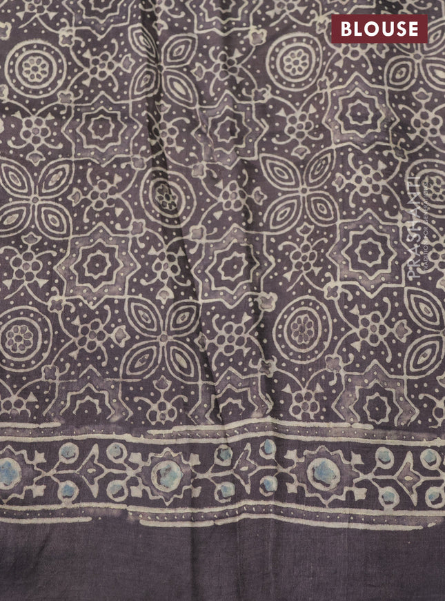 Printed silk saree grey shade with allover ajrakh prints and simple border