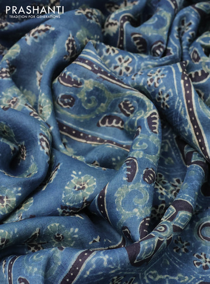 Printed silk saree blue and black with allover ajrakh prints and simple border