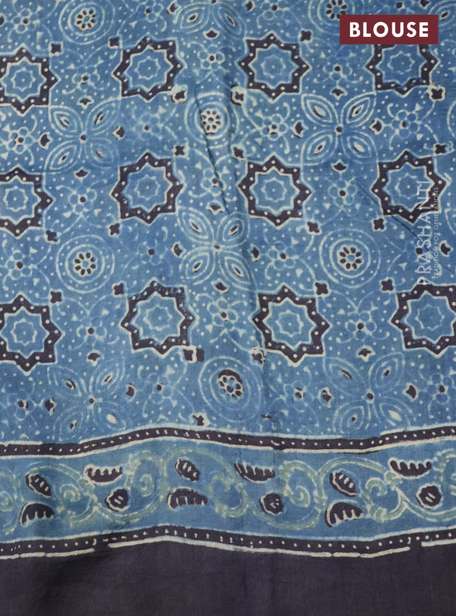 Printed silk saree blue and black with allover ajrakh prints and simple border