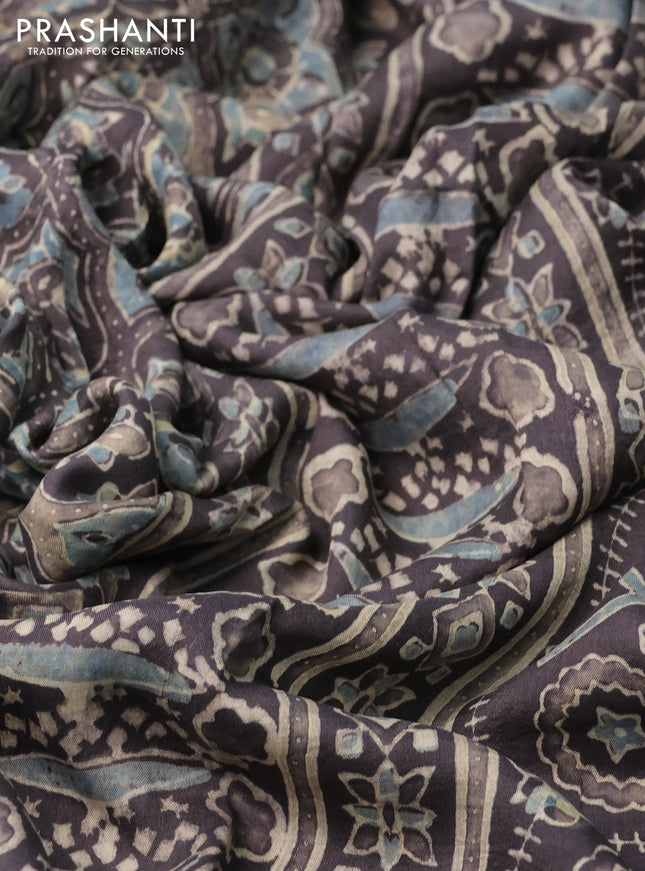 Printed silk saree grey shade with allover ajrakh prints and simple border