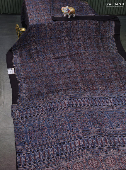 Printed silk saree bluish grey and black with allover ajrakh prints and simple border